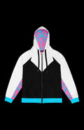 Spooder Gwen Zip-up Hoodie featuring bold black, white, and pink designs for stylish fans of retro comic book heroes.