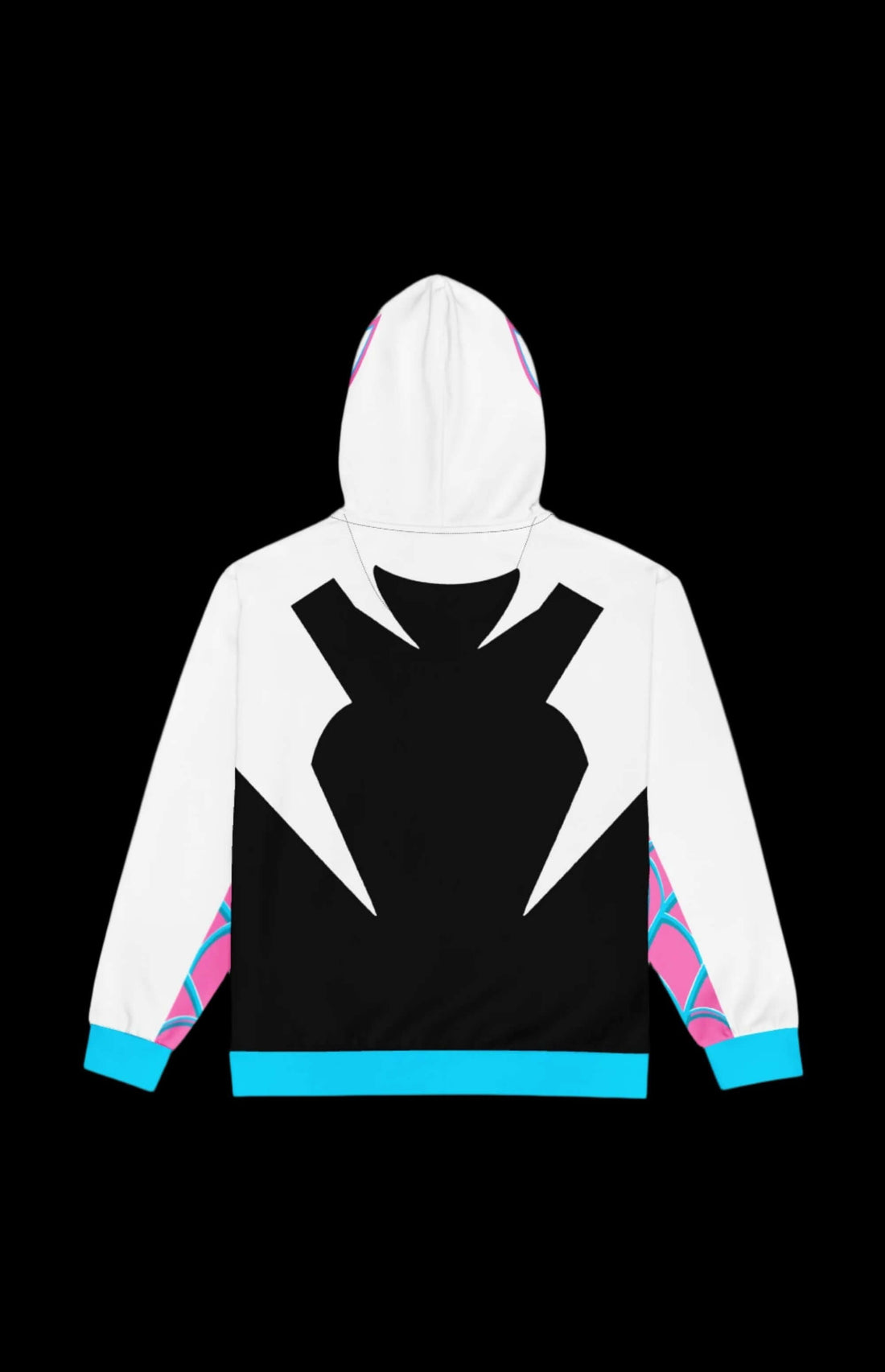 Spooder Gwen Zip-up Hoodie featuring bold black, white, and pink designs for stylish fans of retro comic book heroes.