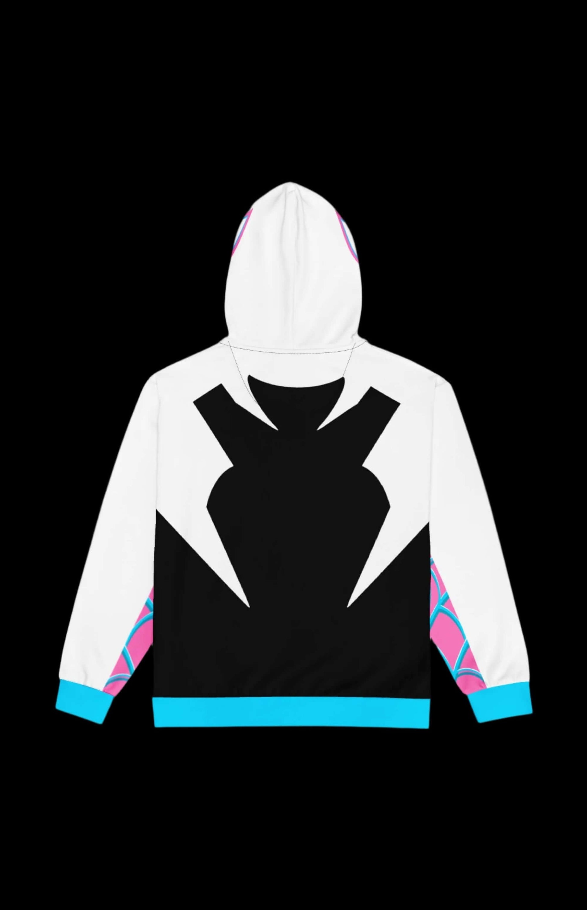Spooder Gwen Zip-up Hoodie back view featuring black and white design with pastel accents and web patterns.