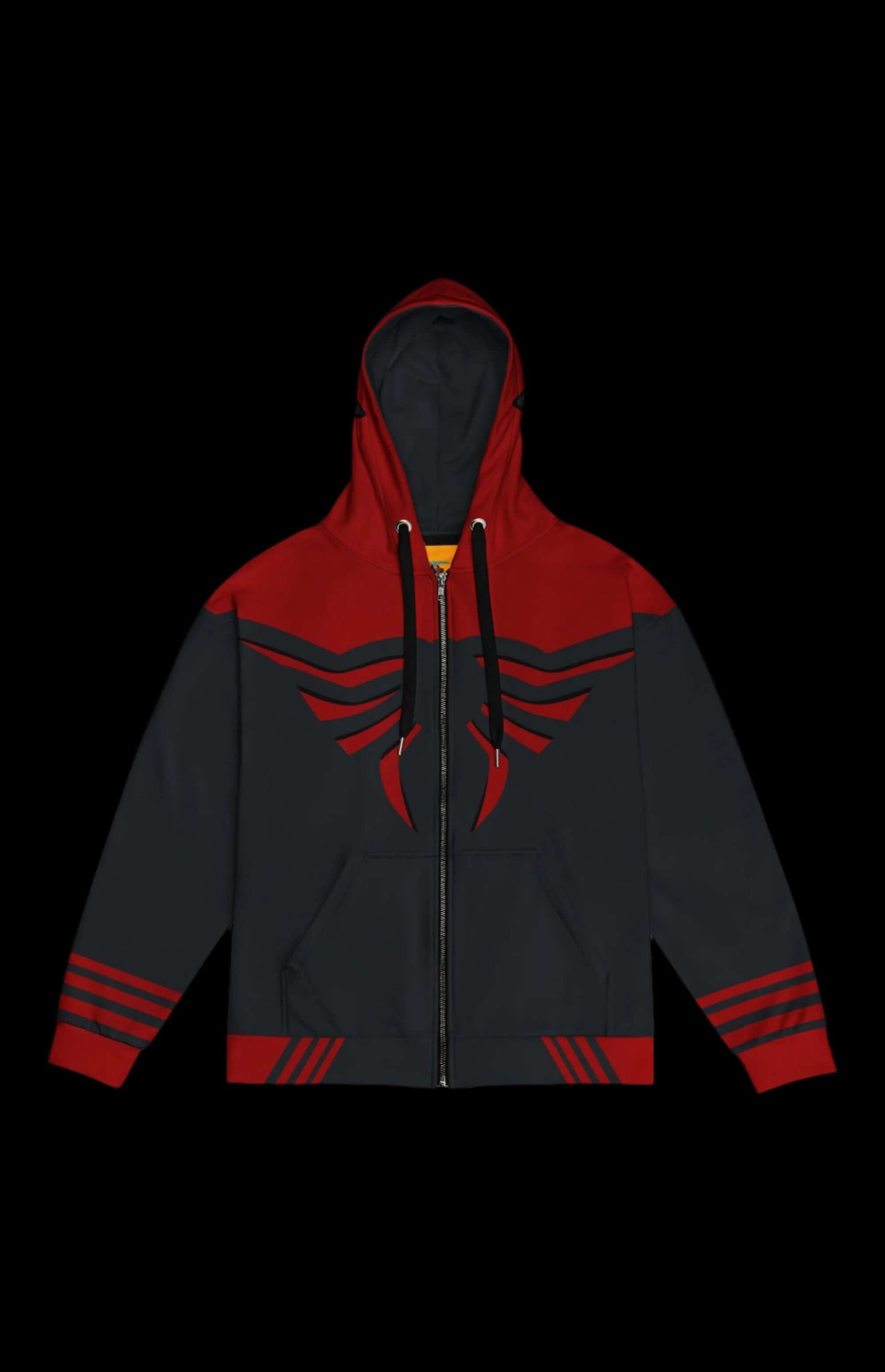 Superior Spood Zip-up Hoodie with bold red and black spider design, perfect for comic book fans and stylish comfort.