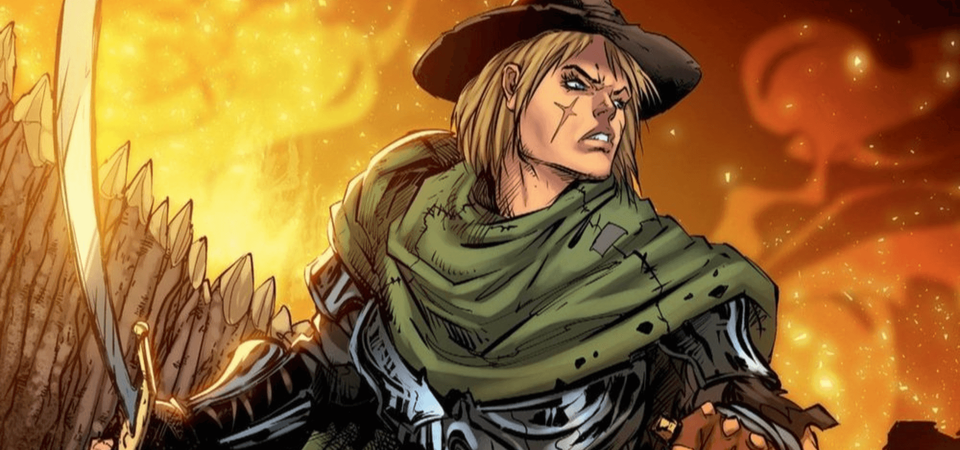 Comic book character with blonde hair and a green cloak, striking a fierce pose amidst flames.slider_item_NrcRdm