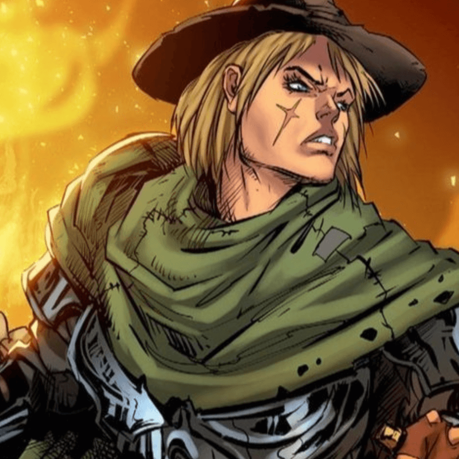 Comic book character with blonde hair and a green cloak, striking a fierce pose amidst flames.slider_item_NrcRdm
