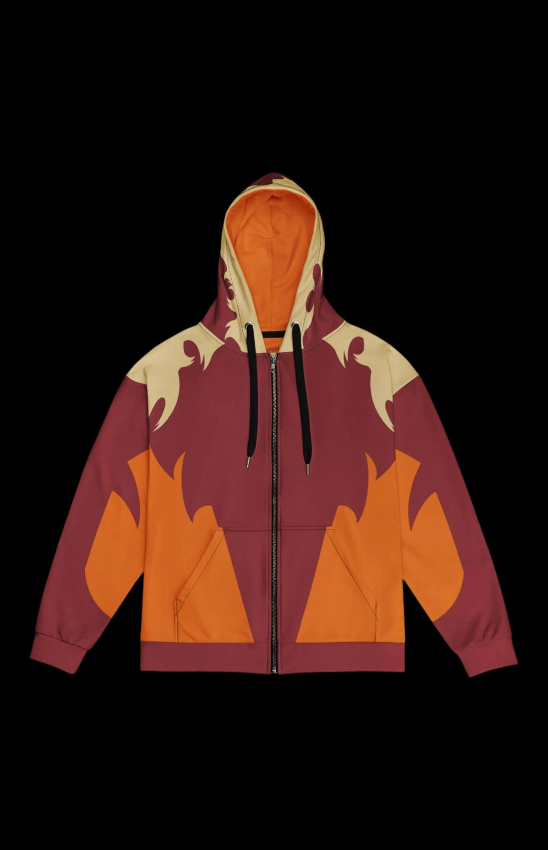 Swordfang zip-up hoodie with bold flames design in warm colors, perfect for casual wear and eco-friendly fashion.