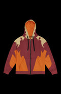 Swordfang zip-up hoodie with bold flames design in warm colors, perfect for casual wear and eco-friendly fashion.