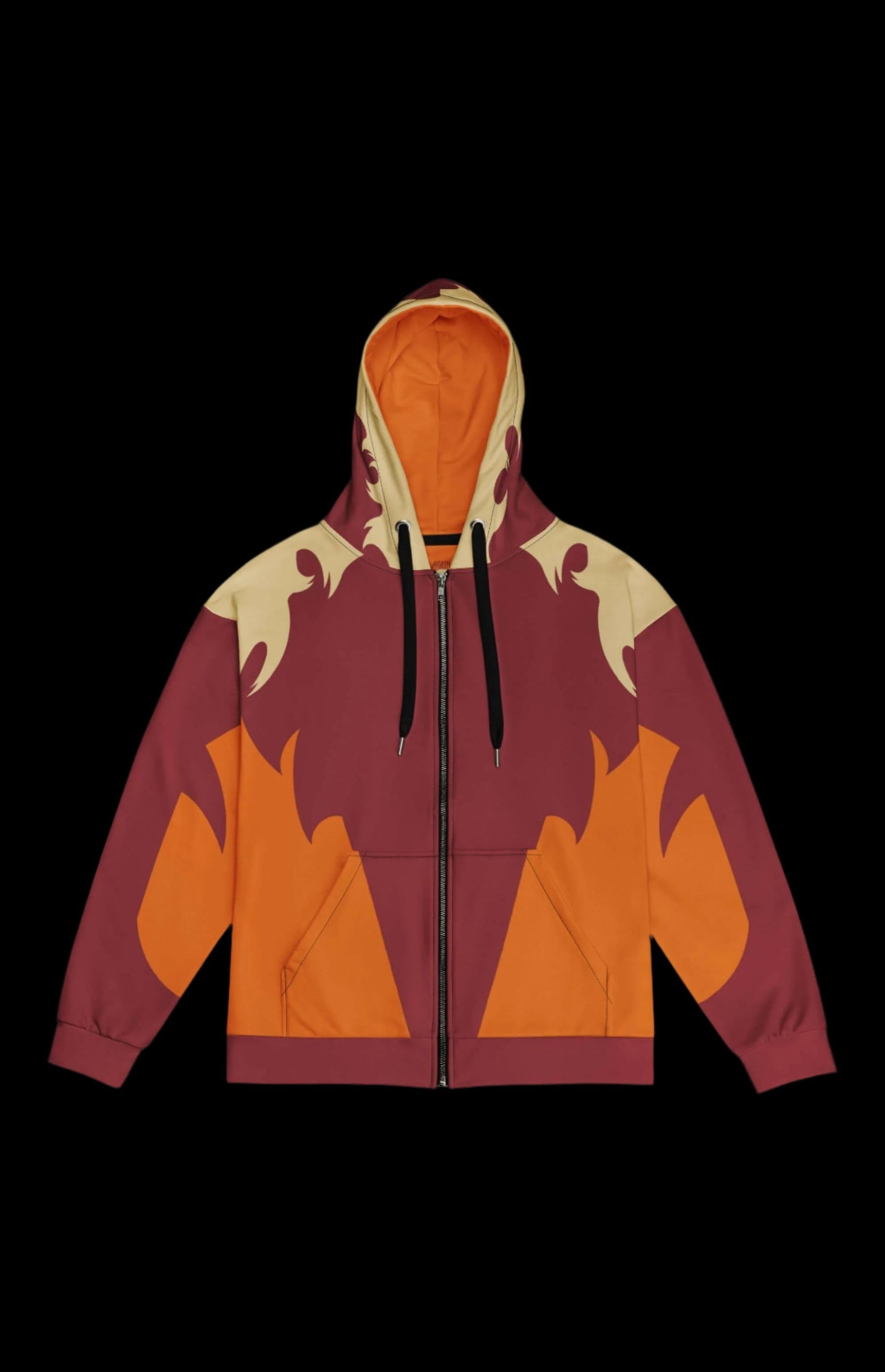 Swordfang zip-up hoodie with bold flames design in warm colors, perfect for casual wear and eco-friendly fashion.