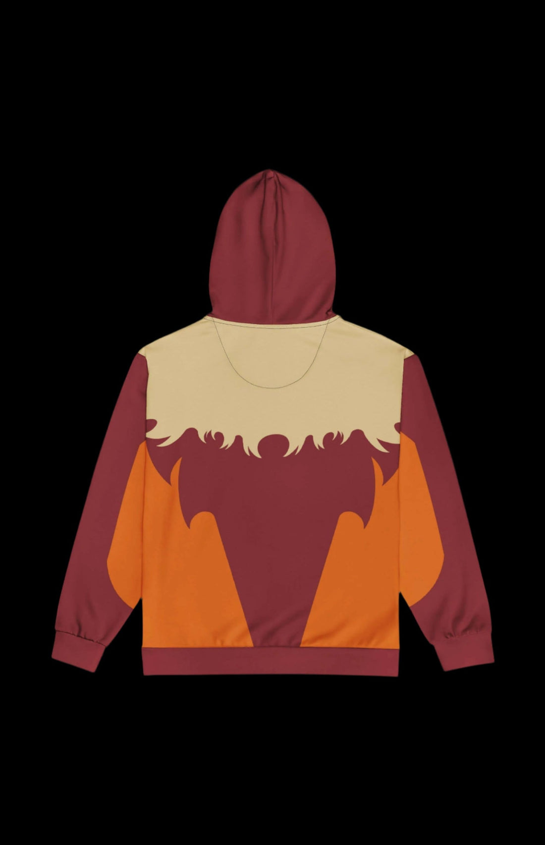 Swordfang zip-up hoodie with bold flames design in warm colors, perfect for casual wear and eco-friendly fashion.