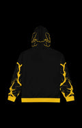 Back view of Tempest Zip-up Hoodie featuring striking yellow lightning designs and a bold black background.