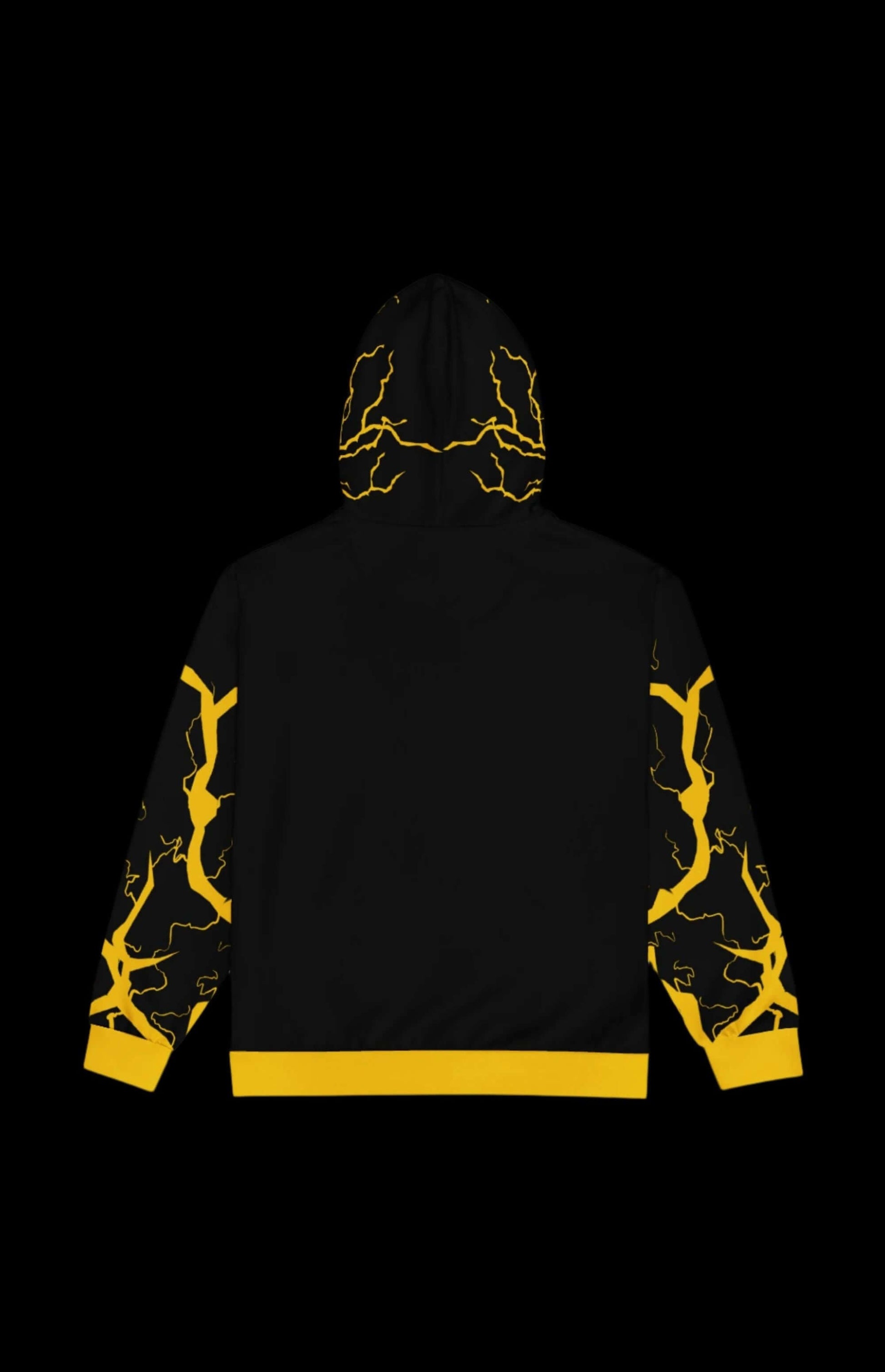 Back view of Tempest Zip-up Hoodie featuring striking yellow lightning designs and a bold black background.