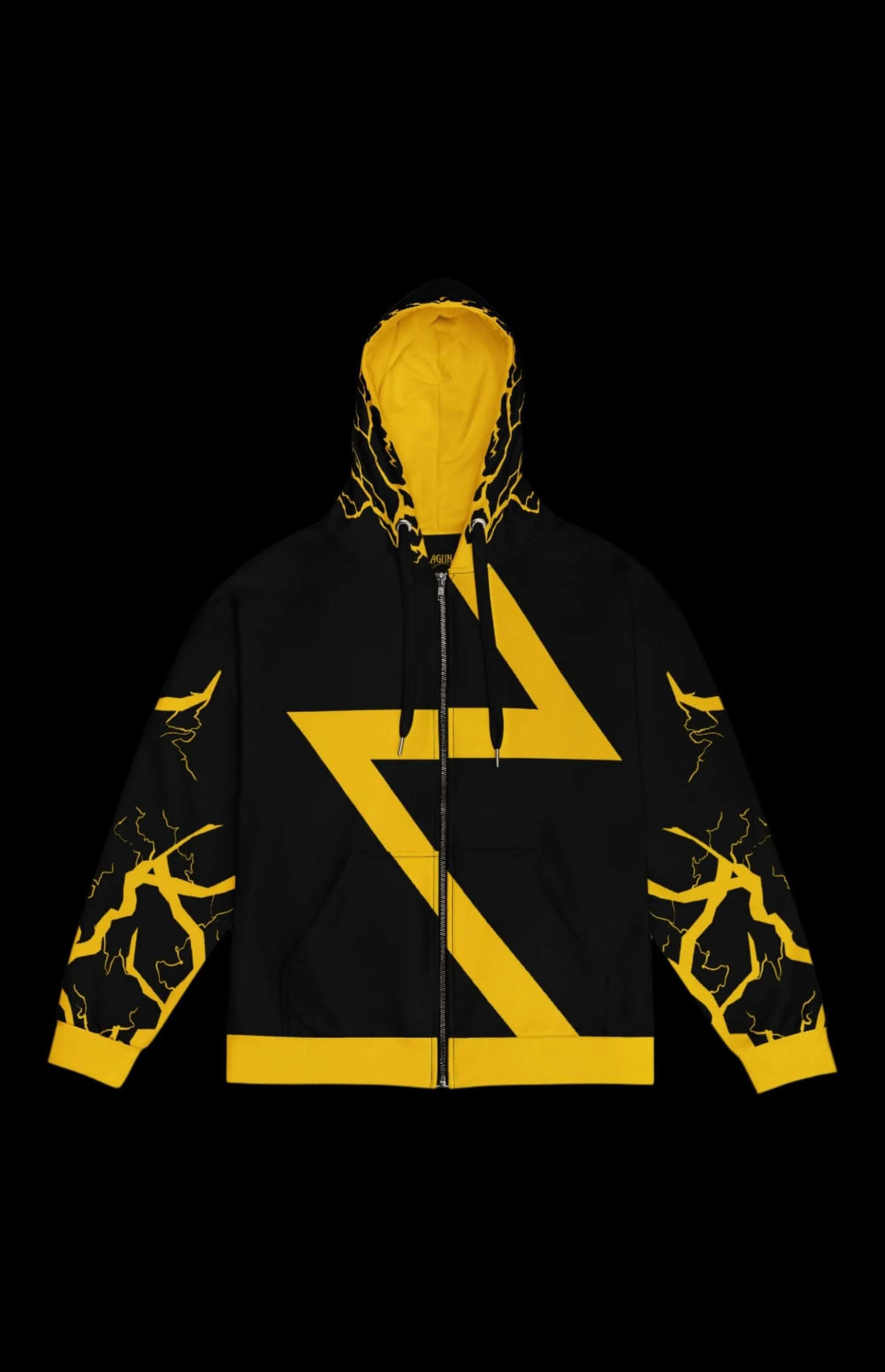 Tempest Zip-up Hoodie in white and yellow with comic-inspired design, featuring lightning and bold graphics.