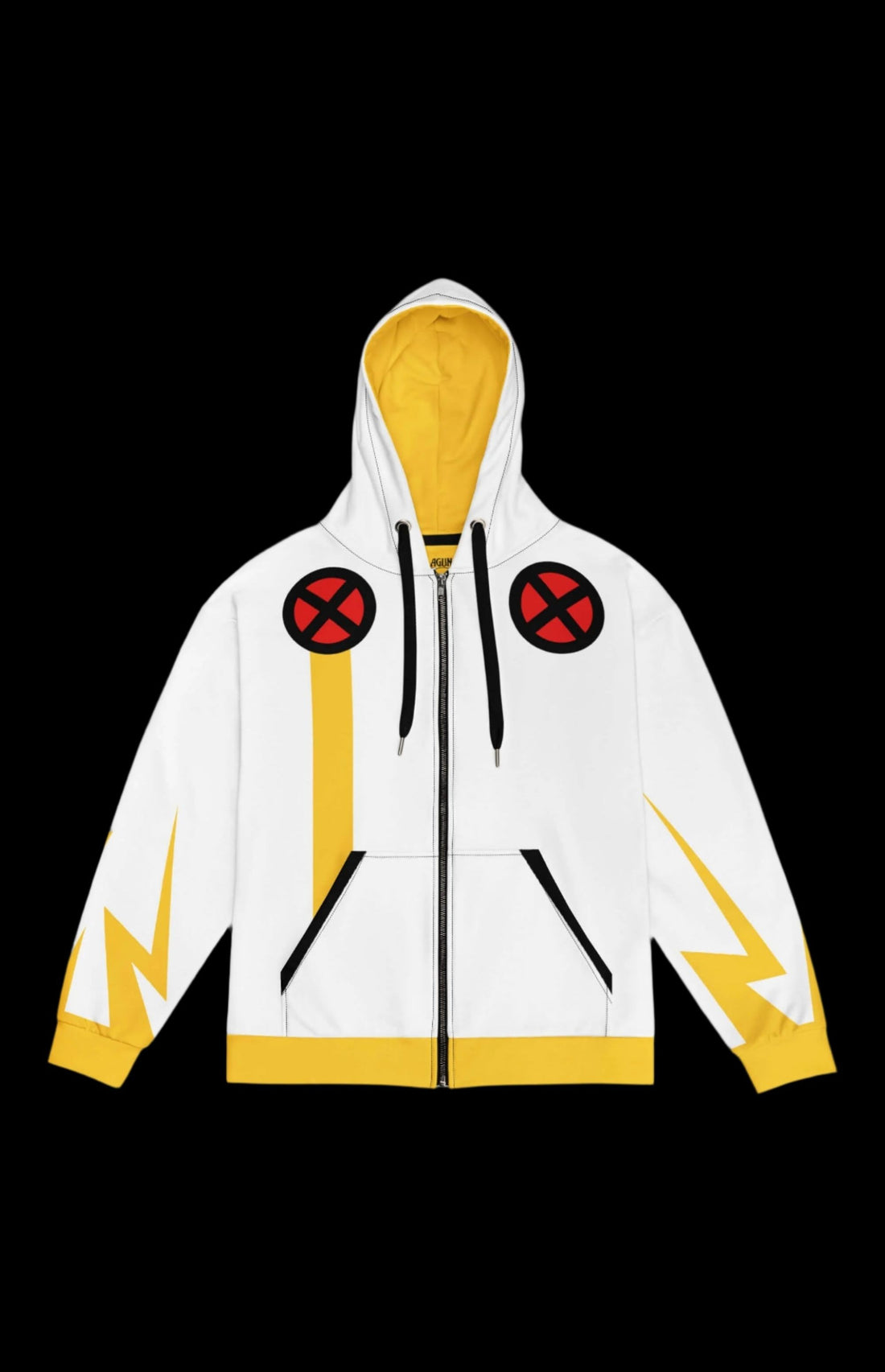 Tempest Zip-up Hoodie in white and yellow with comic-inspired design, featuring lightning and bold graphics.
