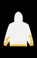 Back view of Tempest Zip-up Hoodie featuring yellow lightning designs on sleeves, perfect for elemental flair.