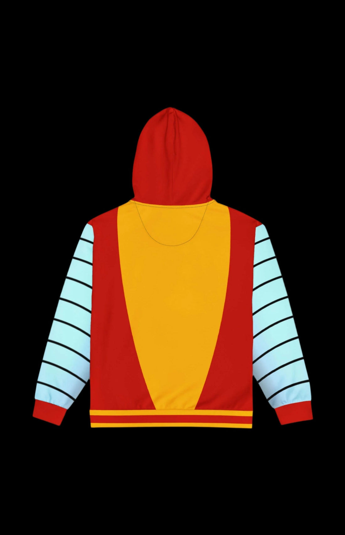 Colorful zip-up hoodie in red and yellow with blue sleeves, featuring a stylish and unique design, perfect for casual wear.