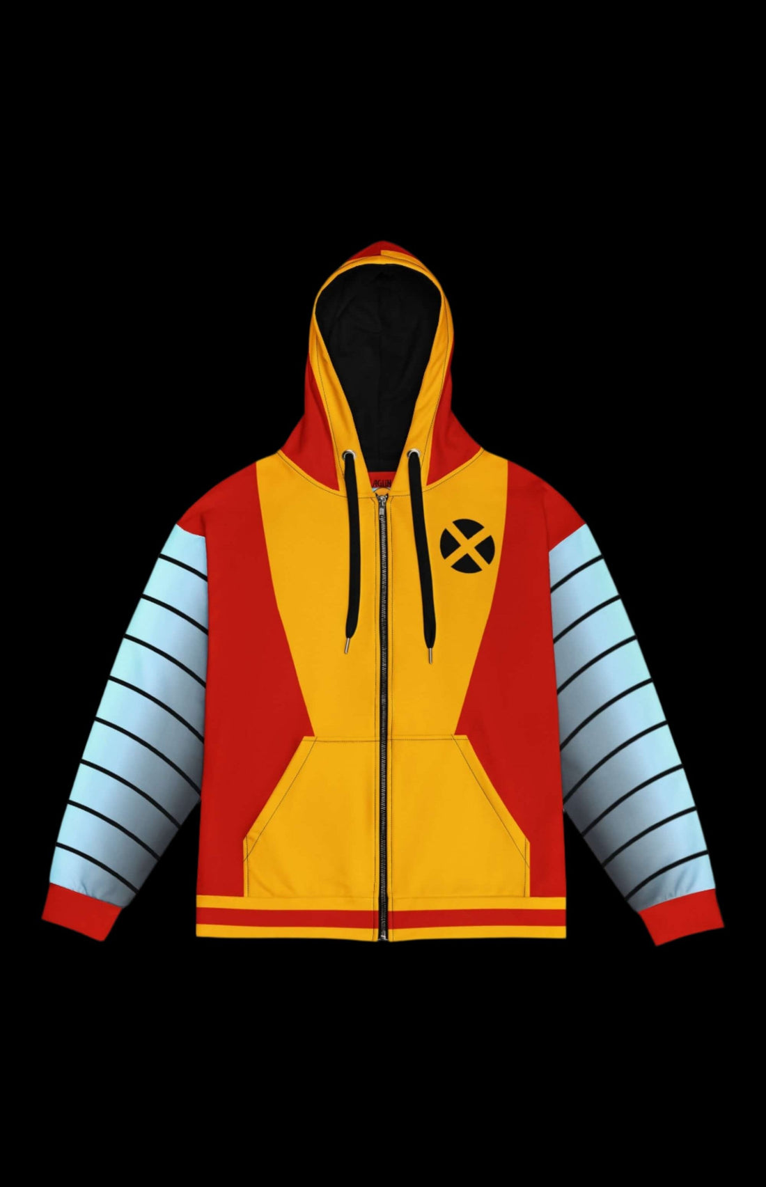 Colorful zip-up hoodie in red and yellow with blue sleeves, featuring a stylish and unique design, perfect for casual wear.