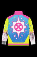 Back view of the Atomic Sparkles Track Jacket with a pink X starburst and sparkle sleeves