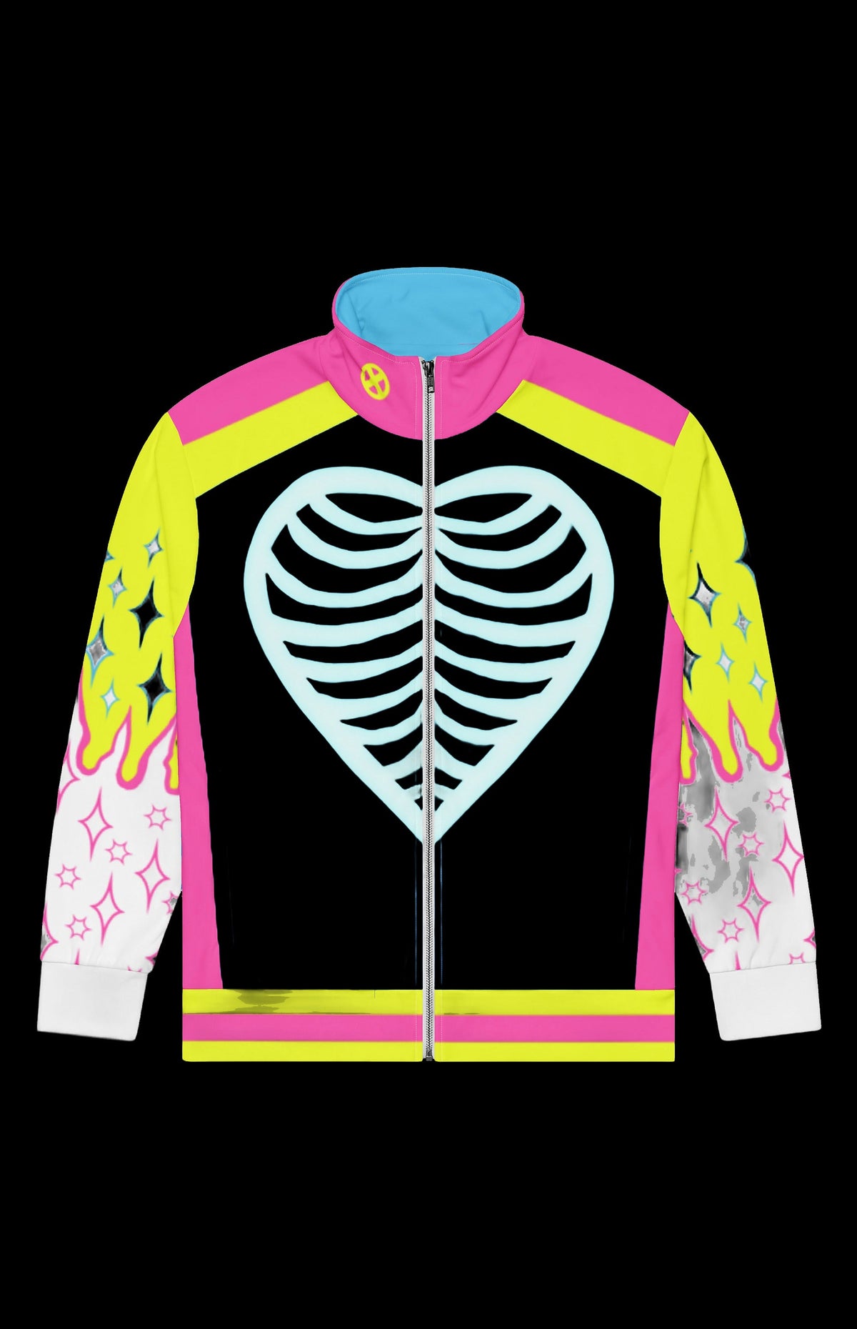 Atomic Sparkles Track Jacket front in neon yellow, pink and blue with a rib-cage heart graphic
