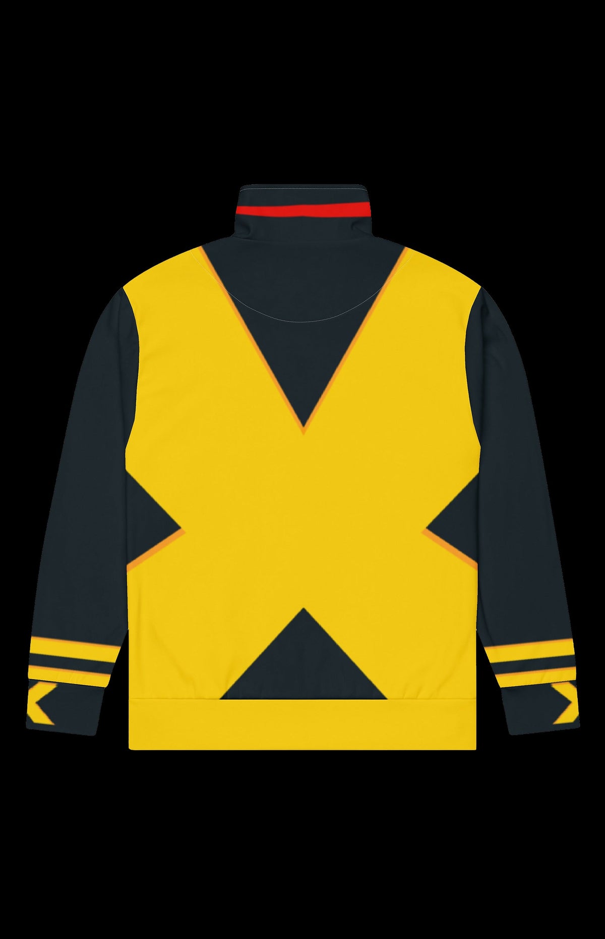 Back view of the Biclops II Track Jacket with a large yellow X on charcoal