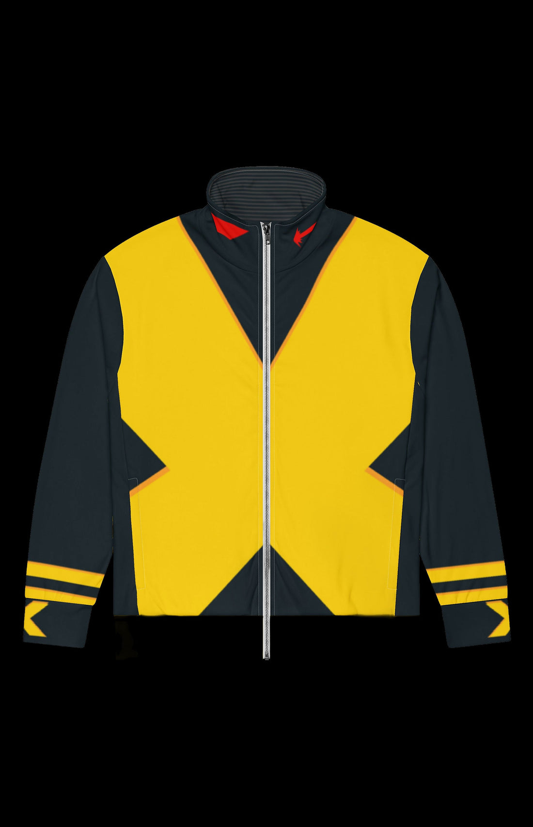 Biclops II Track Jacket front in yellow and charcoal with a bold X panel and striped cuffs