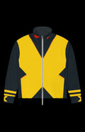 Biclops II Track Jacket front in yellow and charcoal with a bold X panel and striped cuffs