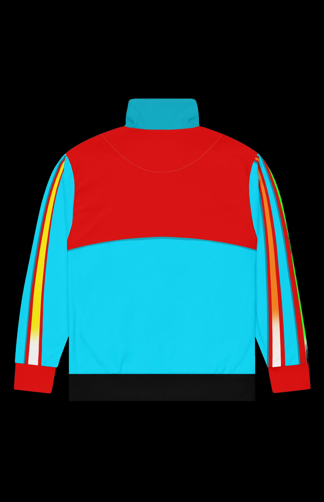 Captain Recycle Track Jacket front in red and cyan with a yellow globe emblem and striped sleeves