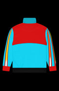 Back view of the Captain Recycle Track Jacket in red and cyan with rainbow-striped sleeves
