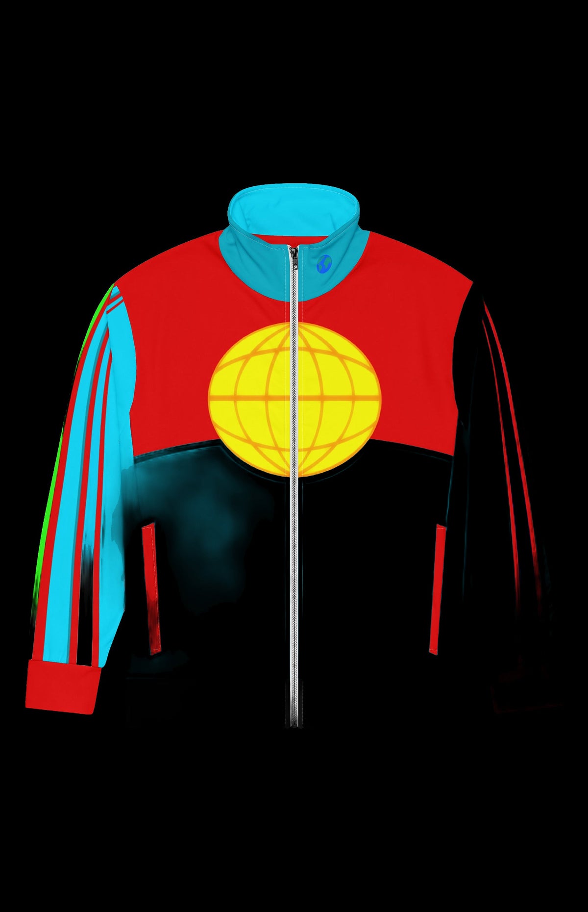 Captain Recycle Track Jacket front in red and cyan with a yellow globe emblem and striped sleeves