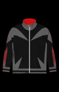 Battletrail Track Jacket front in black and gray with red collar and red accents