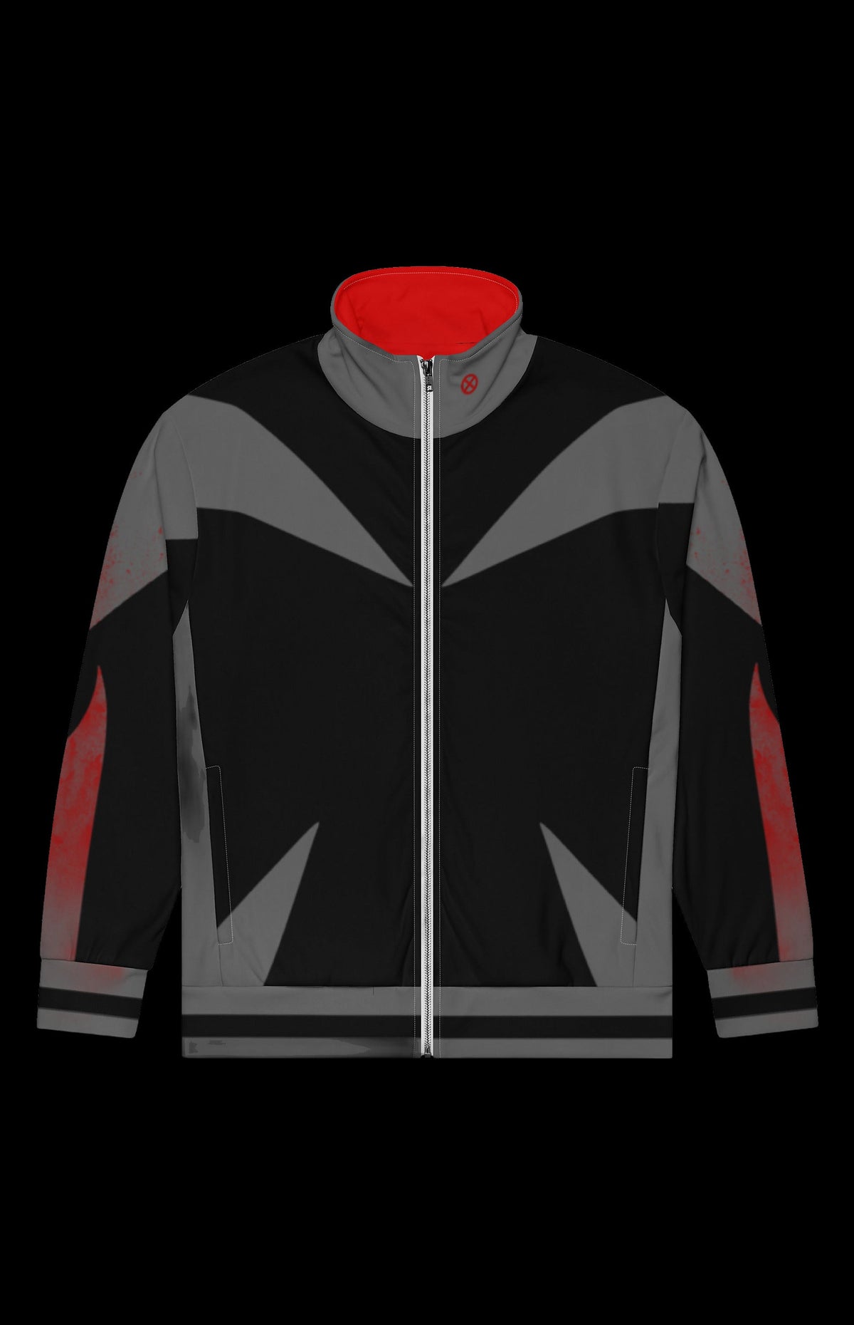 Battletrail Track Jacket front in black and gray with red collar and red accents