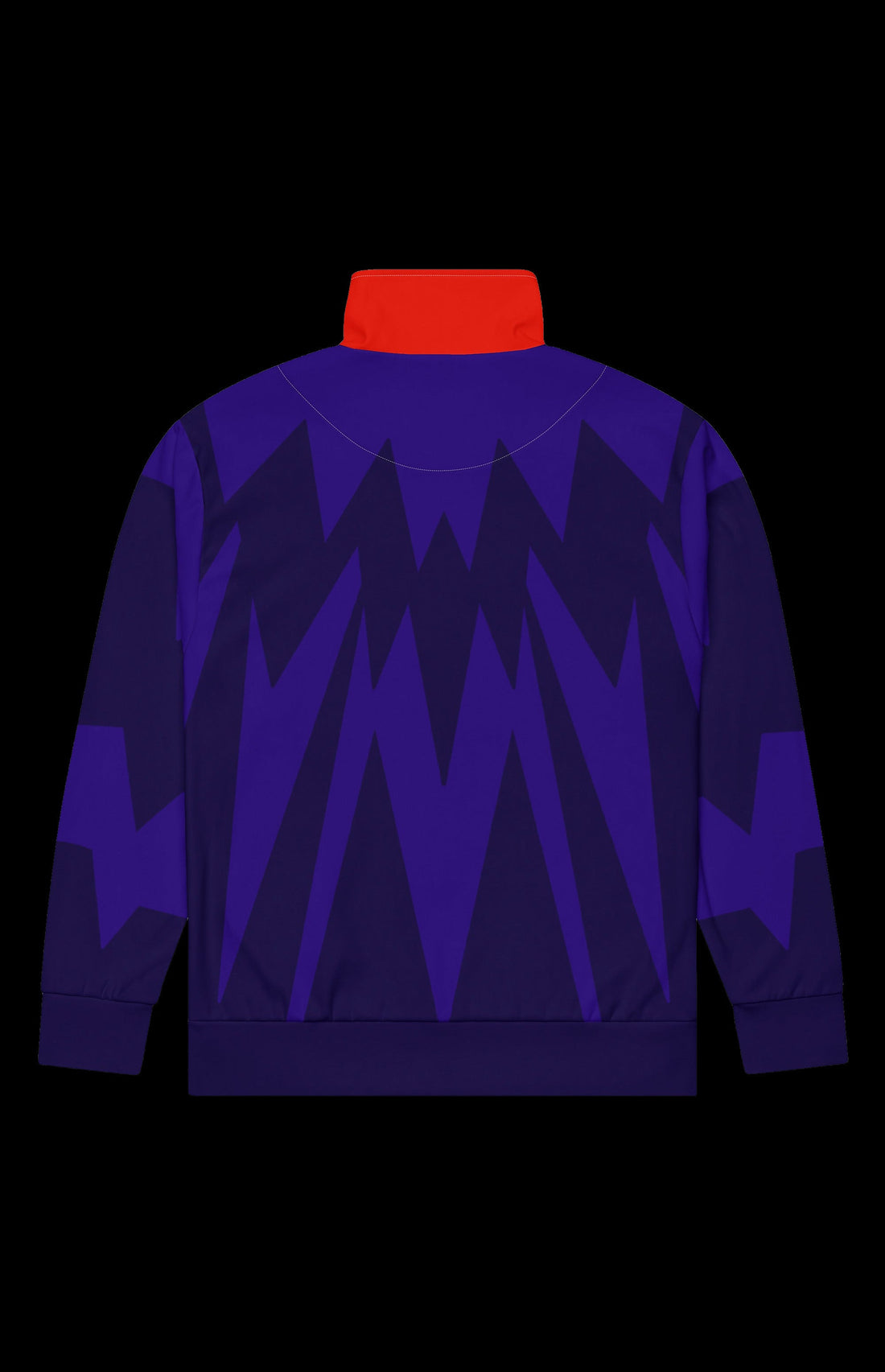 Mr. Ominous Track Jacket front in deep purple with a red diamond and green collar