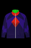 Mr. Ominous Track Jacket front in deep purple with a red diamond and green collar