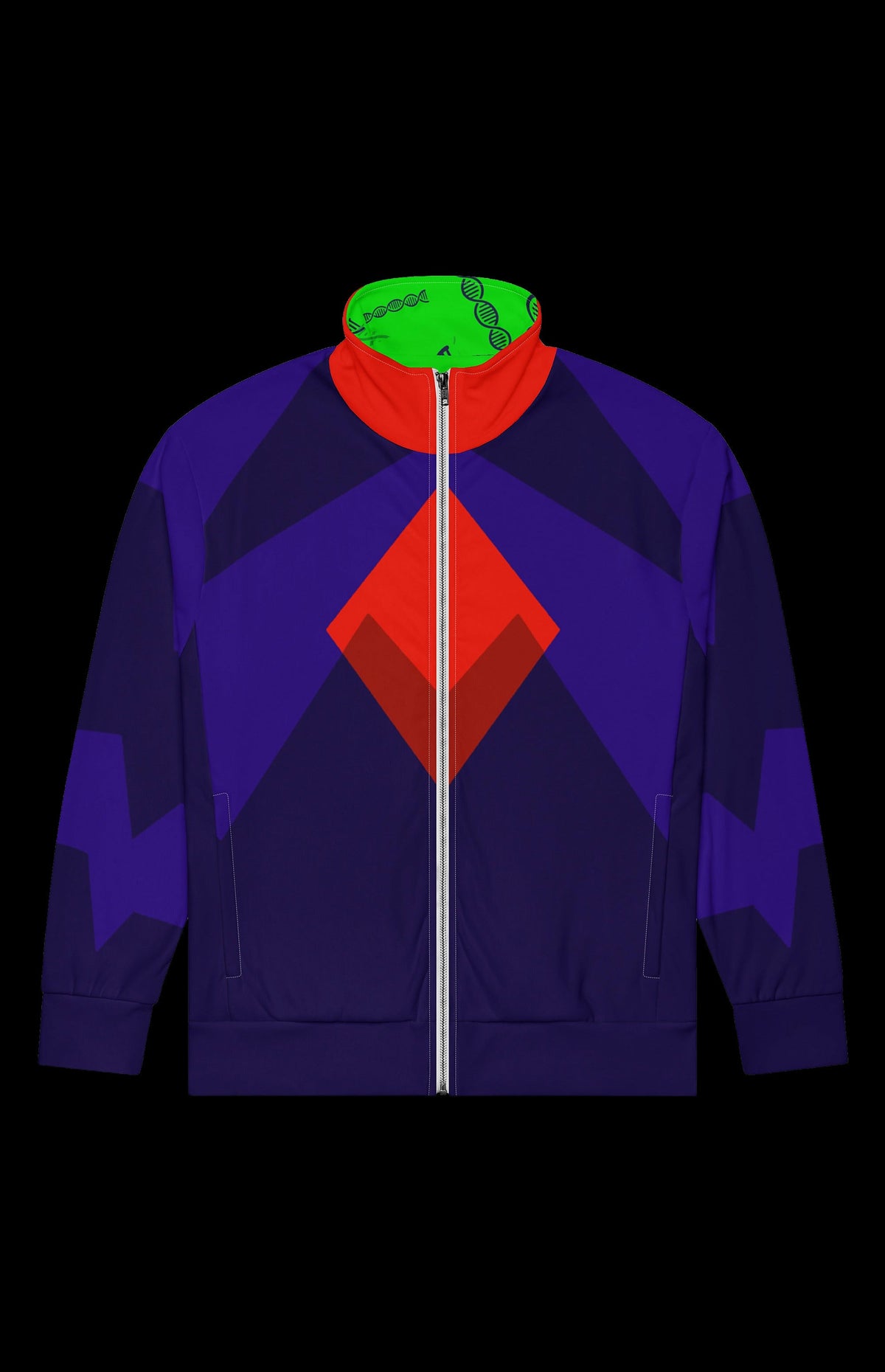 Mr. Ominous Track Jacket front in deep purple with a red diamond and green collar