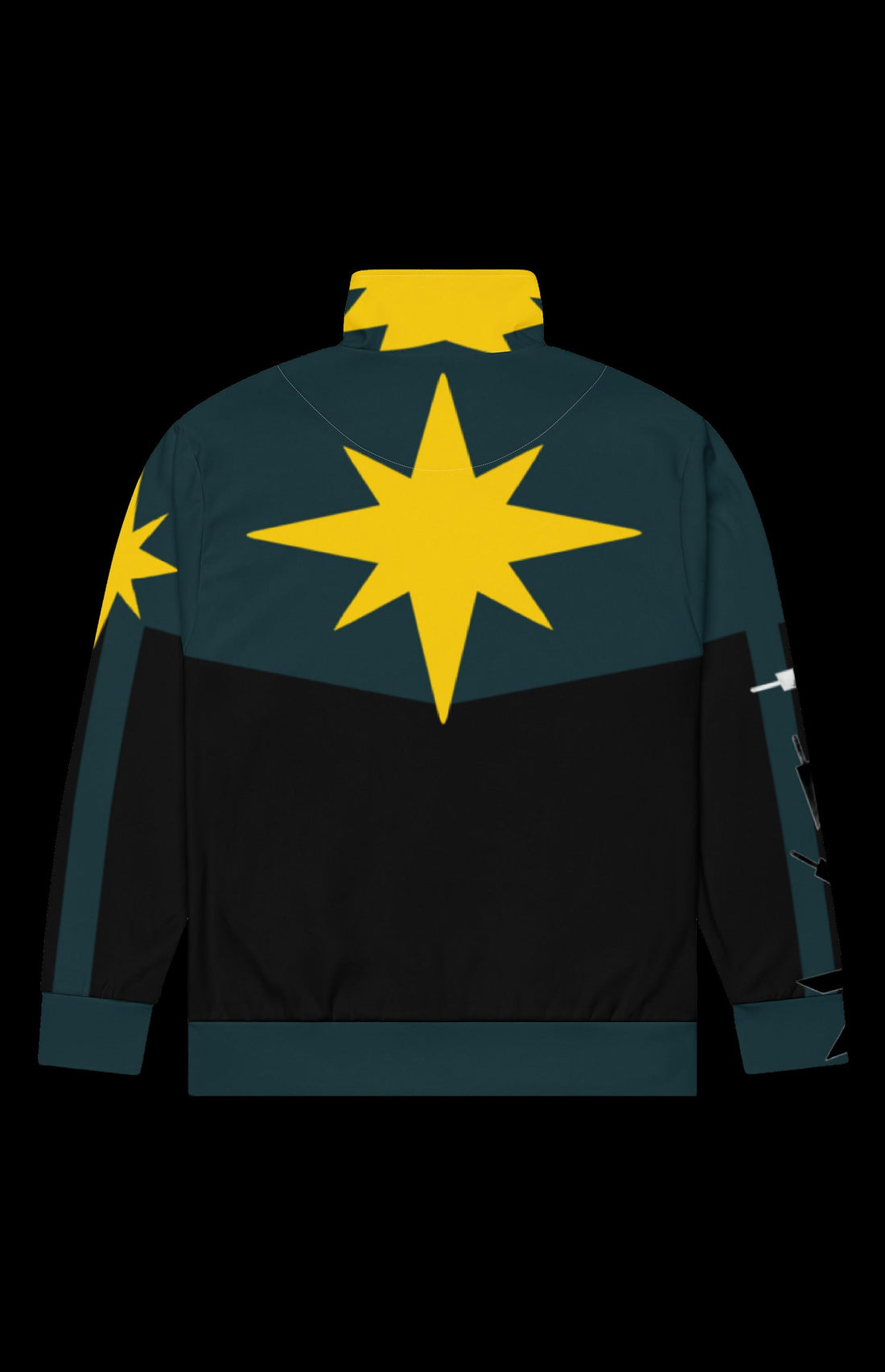 Short Blast Track Jacket front in dark teal with a gold starburst, yellow collar and brown utility sash