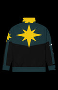 Back view of the Short Blast Track Jacket with a large gold star on dark teal and black