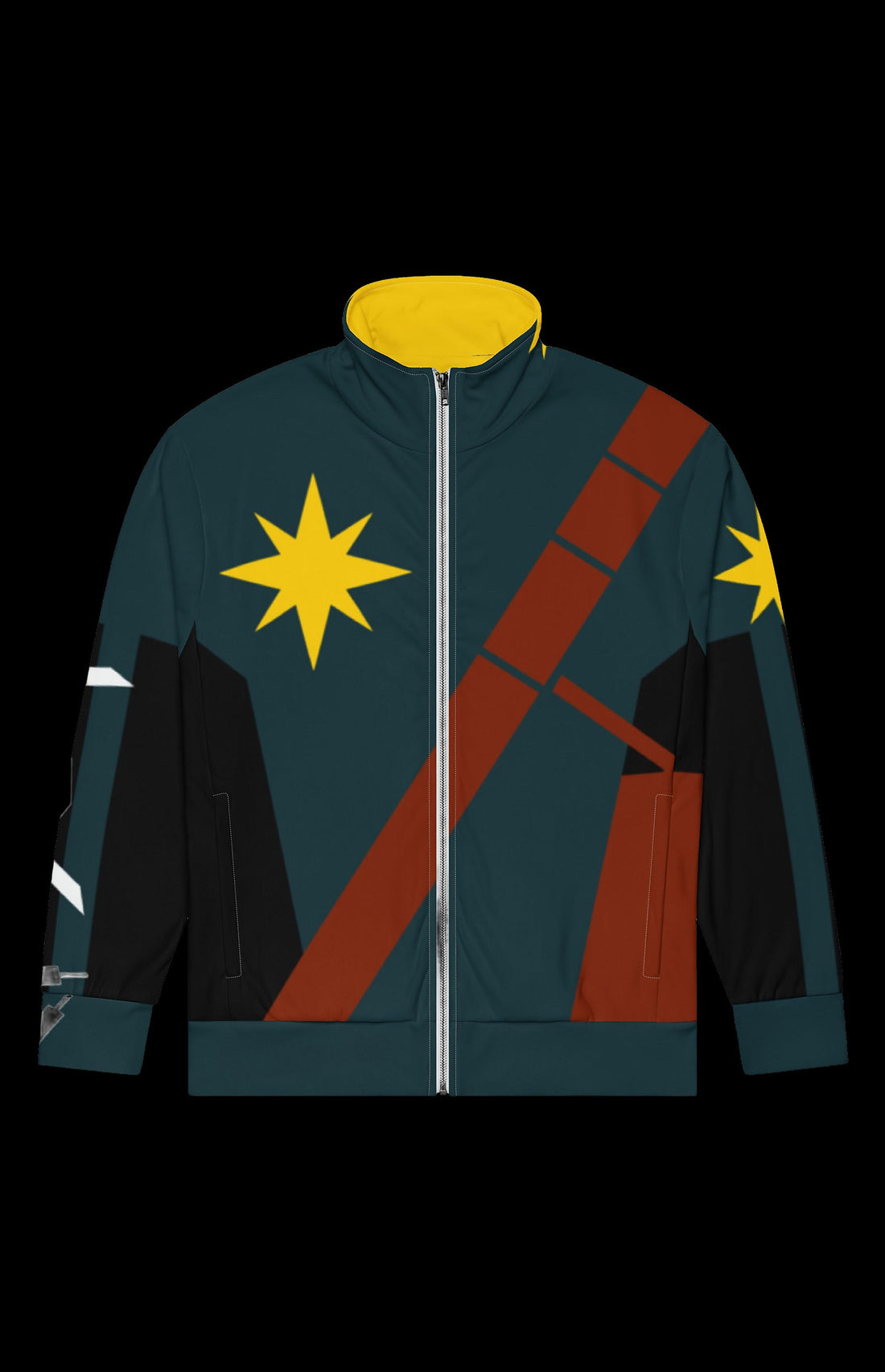 Short Blast Track Jacket front in dark teal with a gold starburst, yellow collar and brown utility sash