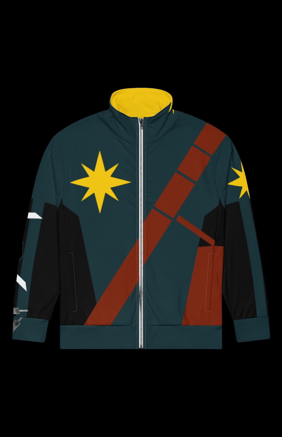 Short Blast Track Jacket front in dark teal with a gold starburst, yellow collar and brown utility sash