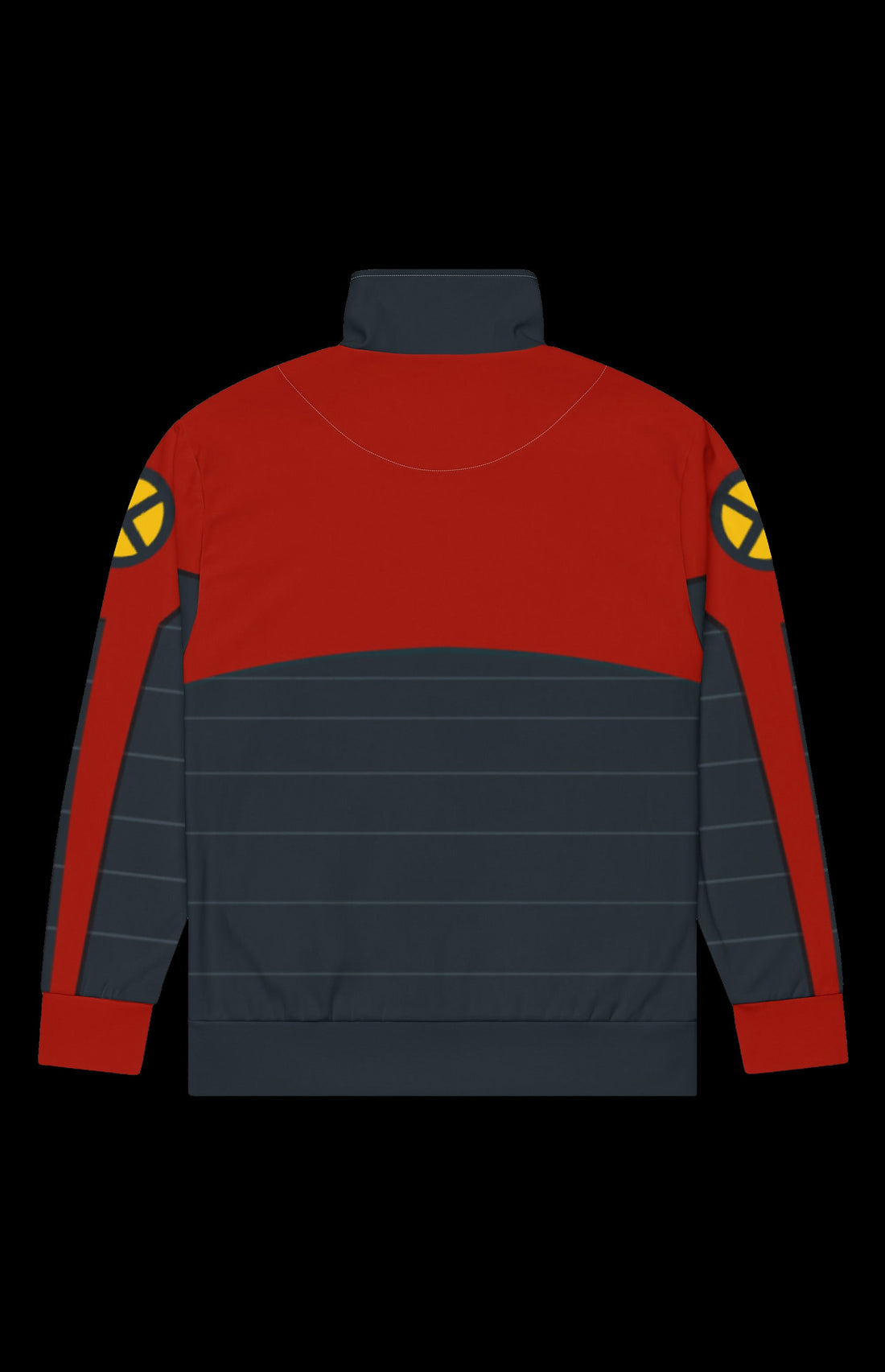 Sleet Dude Track Jacket front in red and slate with a dark X emblem and X shoulder patches