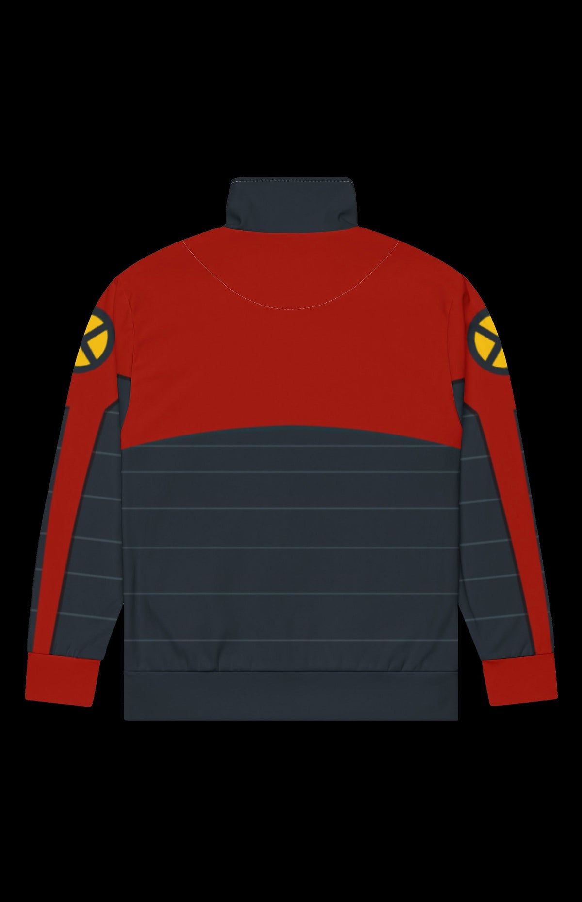 Back view of the Sleet Dude Track Jacket in red and slate with X shoulder patches