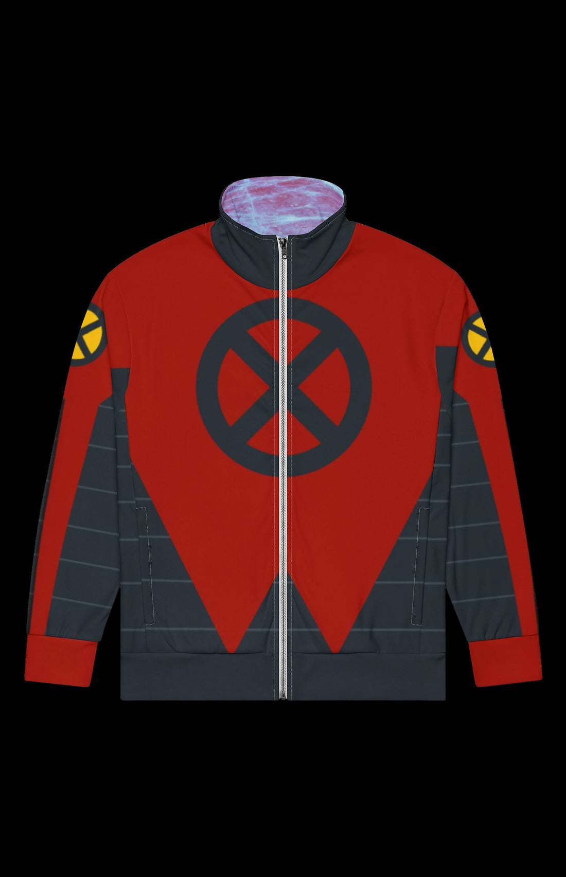 Sleet Dude Track Jacket front in red and slate with a dark X emblem and X shoulder patches