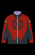 Sleet Dude Track Jacket front in red and slate with a dark X emblem and X shoulder patches