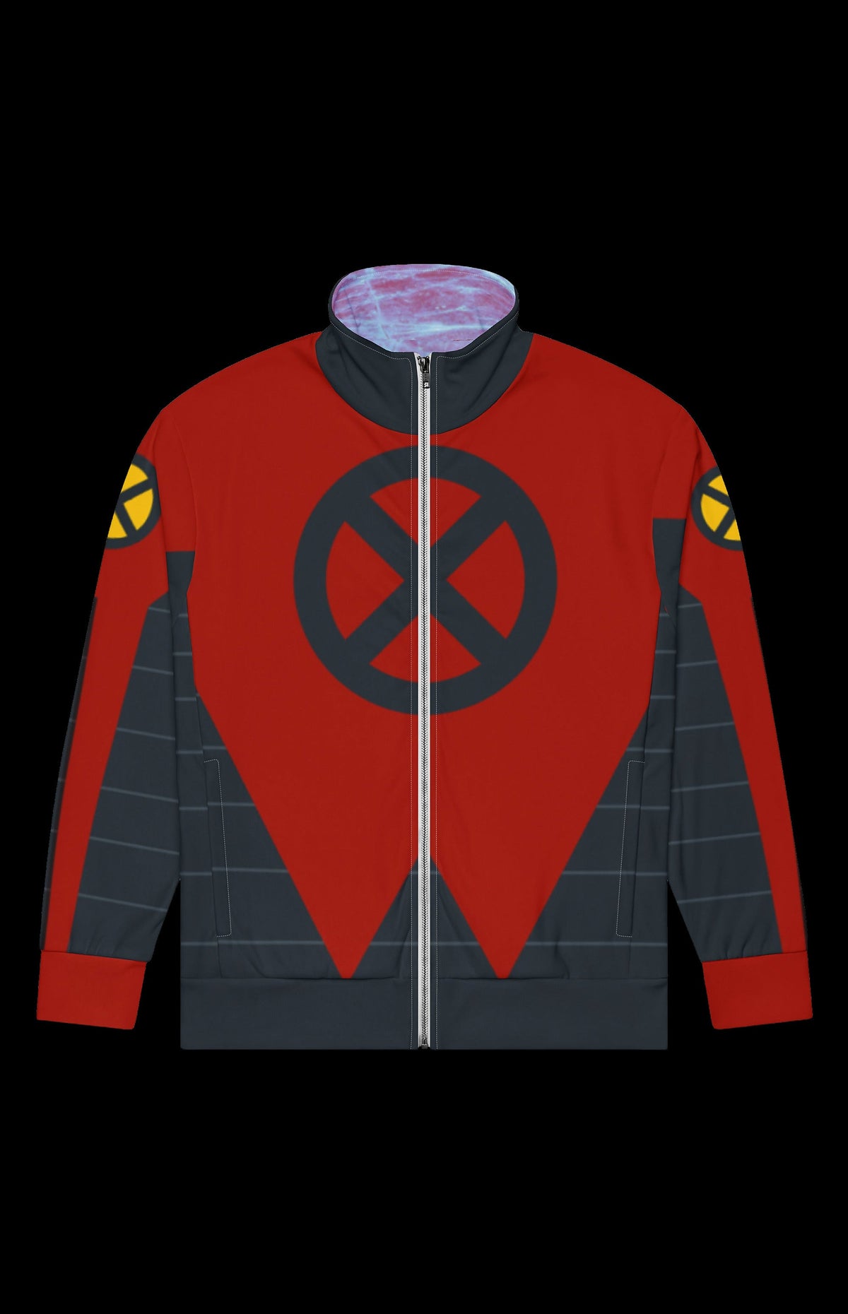 Sleet Dude Track Jacket front in red and slate with a dark X emblem and X shoulder patches