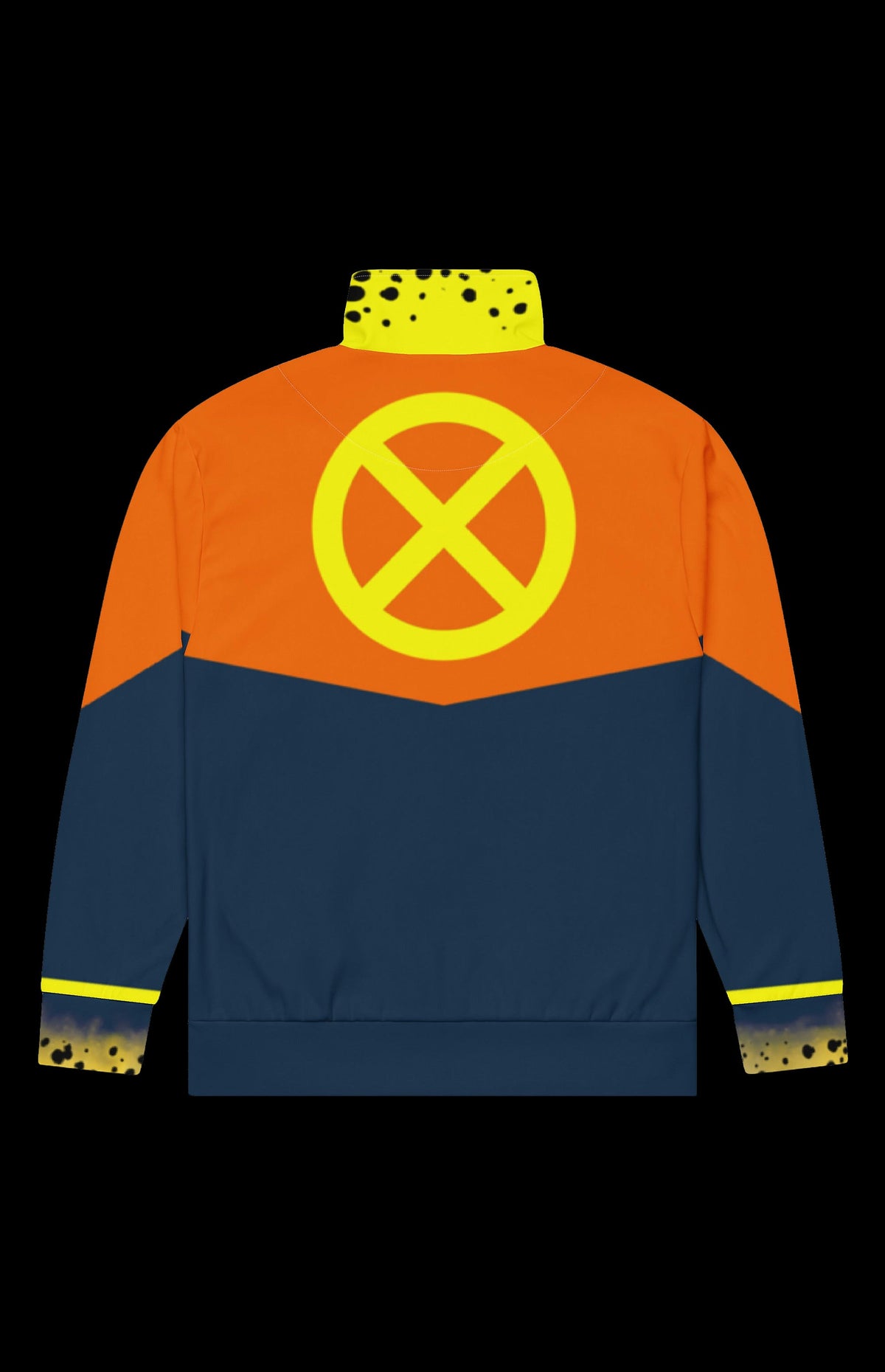 Back view of the Sundot Track Jacket with a yellow X emblem on orange and navy