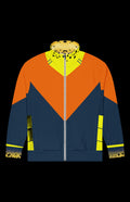 Sundot Track Jacket front in orange and navy with yellow collar and solar-flare cuffs