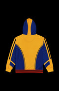 Back view of a vibrant yellow and blue zip-up hoodie with sporty stripes and a cozy hood.