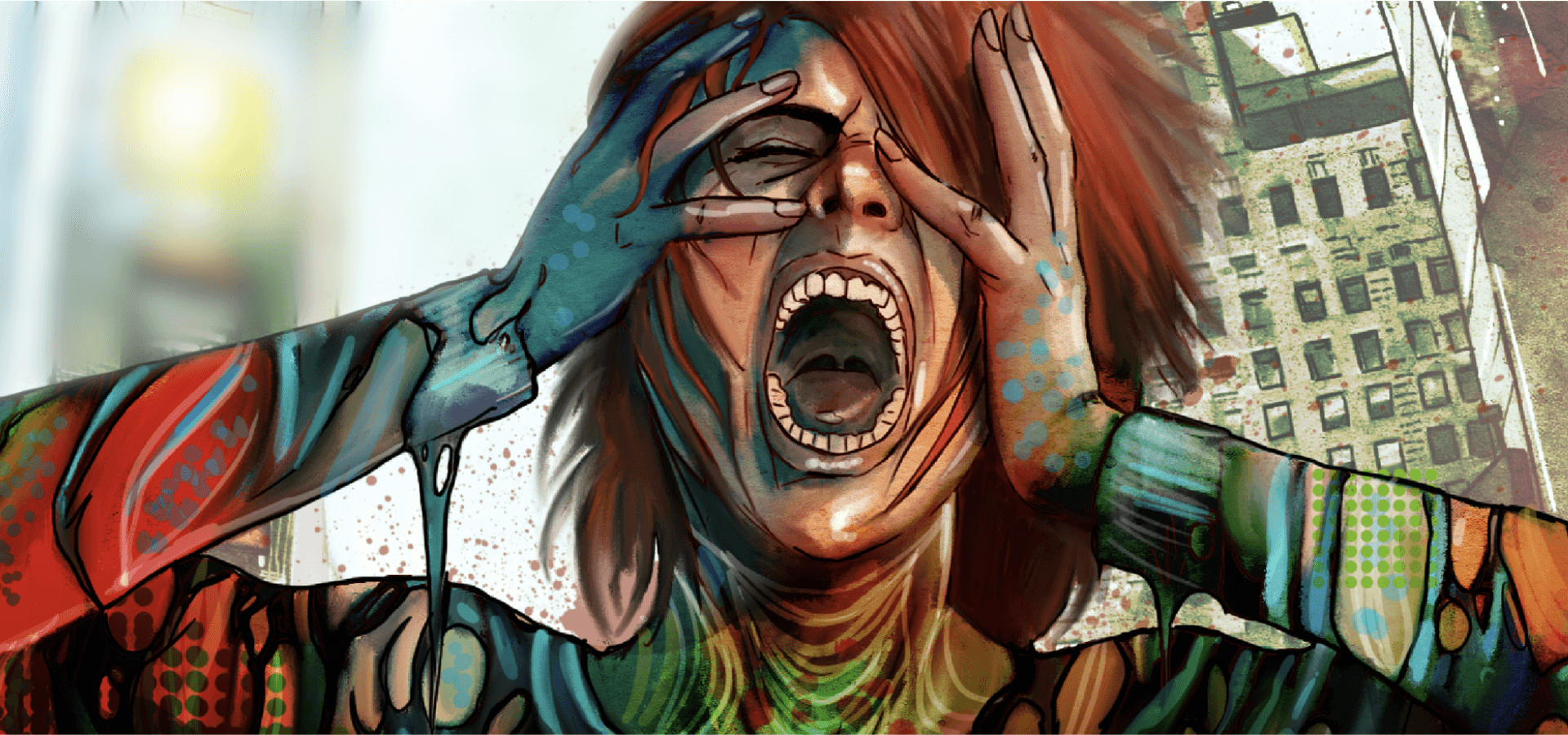 Intense artwork of a person screaming in anguish, with colorful paint splashes enhancing the emotional impact.slider_item_DjpptQ