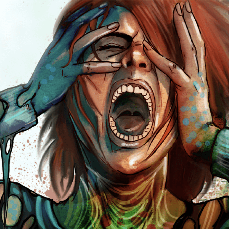 Intense artwork of a person screaming in anguish, with colorful paint splashes enhancing the emotional impact.slider_item_DjpptQ