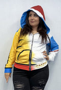 Shapeshifter Zip-up Hoodie displayed on a model, showcasing a vibrant, multi-colored design and an oversized hood.
