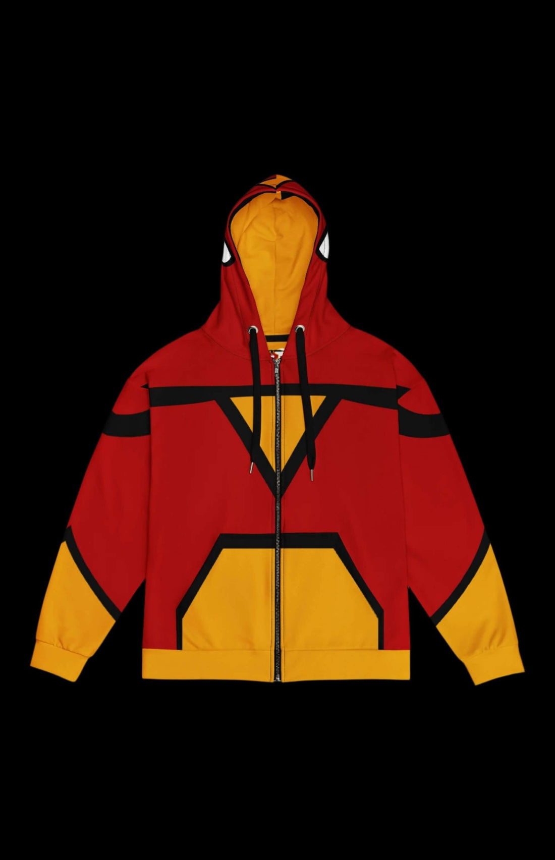 Web Lady Zip-up Hoodie featuring bold red and yellow comic book design with a stylish zip-up design.