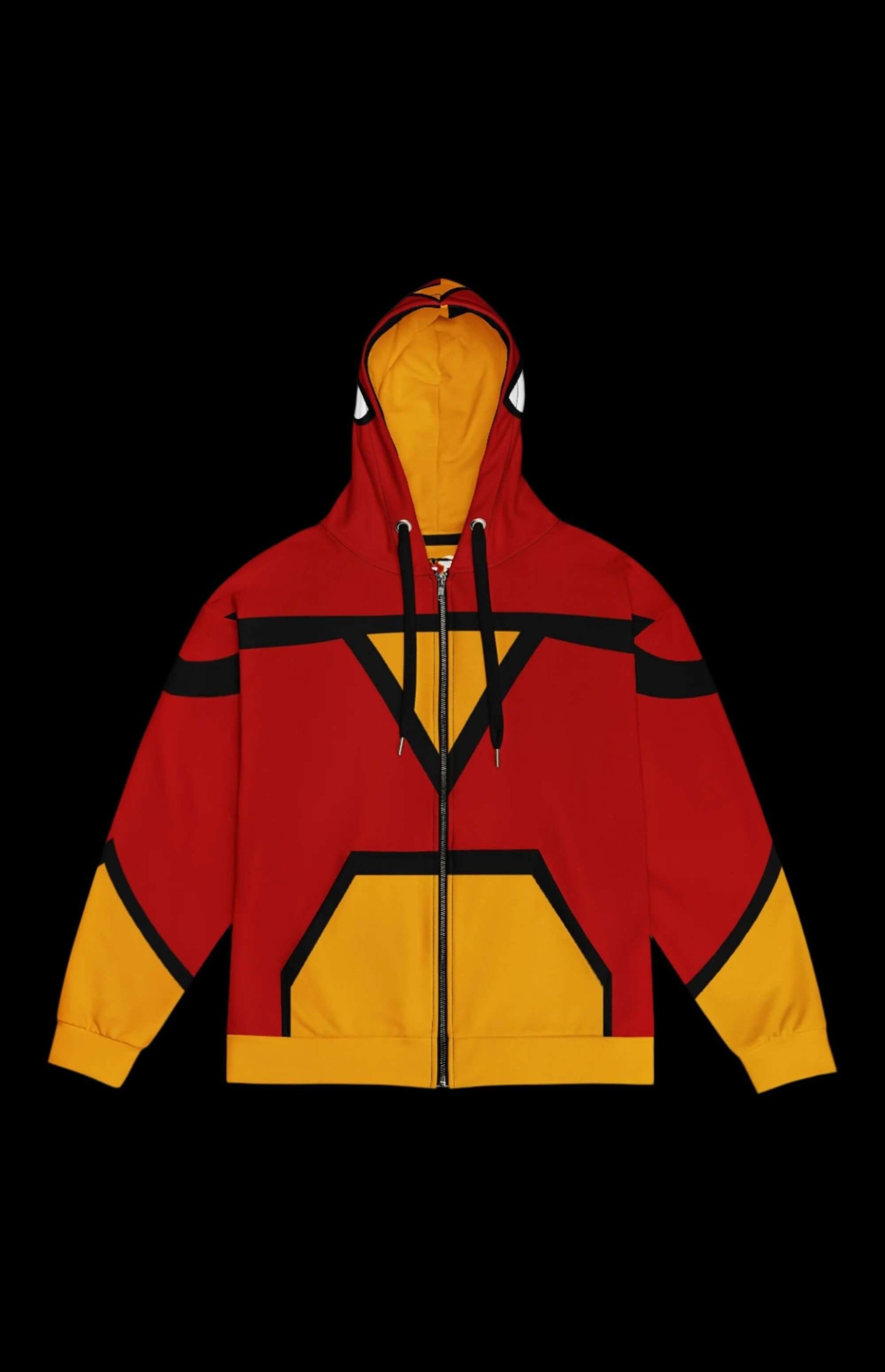 Web Lady Zip-up Hoodie featuring bold red and yellow comic book design with a stylish zip-up design.